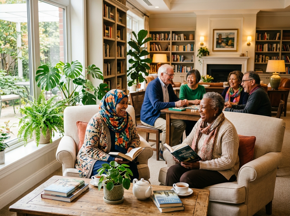 Diverse older adults enjoying personal enrichment, books, games, and conversation in a cozy community lounge