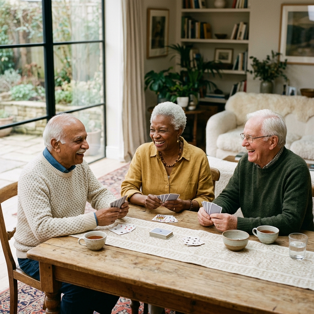 Group of diverse people sitting and talking in a well lit room