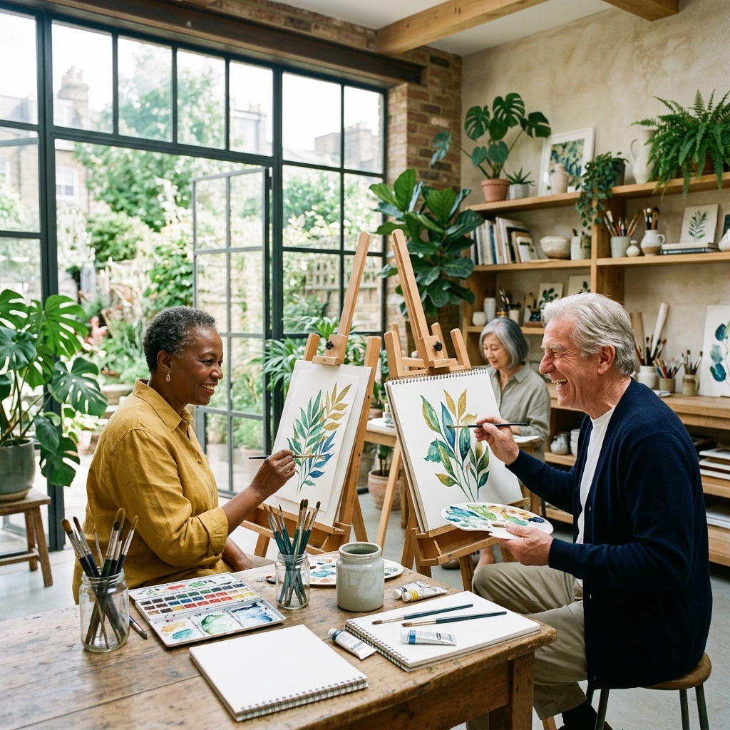 Elders laughing and watercolor painting together in a sunlit art studio