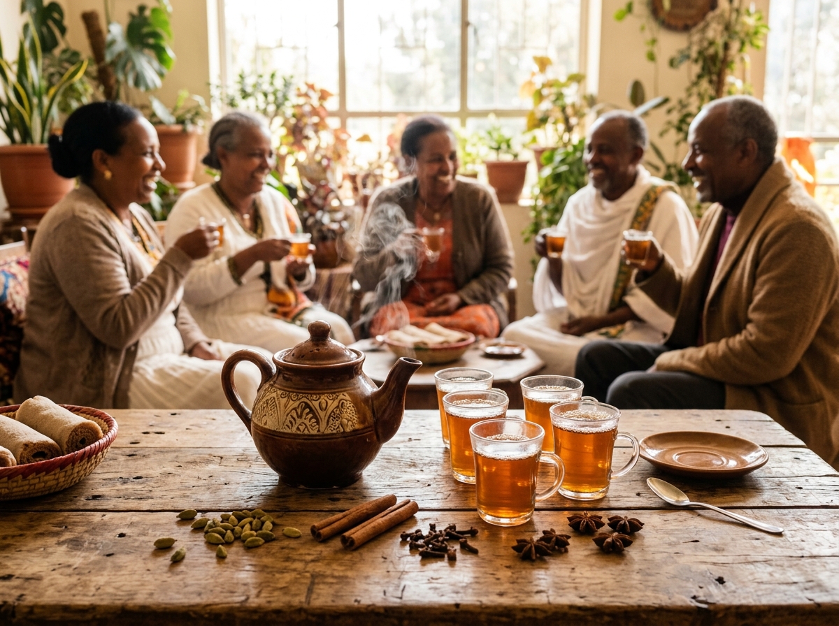 An Ethiopian spiced tea ceremony (Shai) with pouring tea, spices, and smiling elders